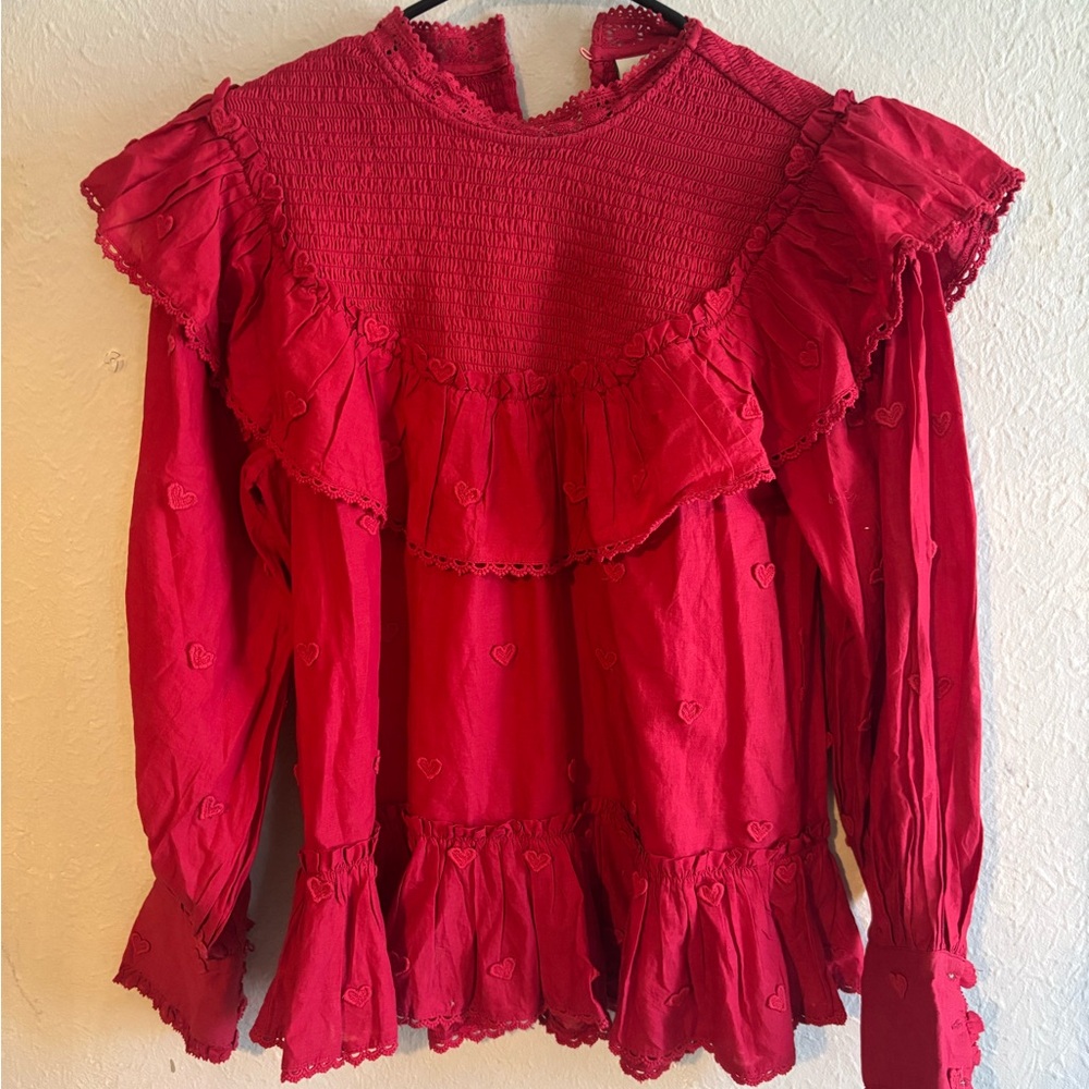 FARM Rio Crimson Ruffled Smocked-Neck‎ Blouse - Picture 2 of 6